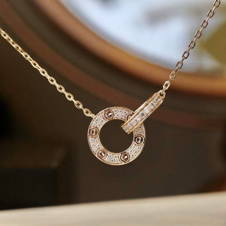 [Dawnora Jewelry]LOVE 7.6MM NECKLACE ROSE GOLD AND SILVER  FULL DIAMOND