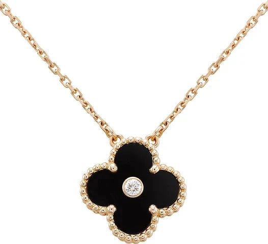 [Dawnora Jewelry]CLOVER 15MM DIAMOND ONYX NECKLACE