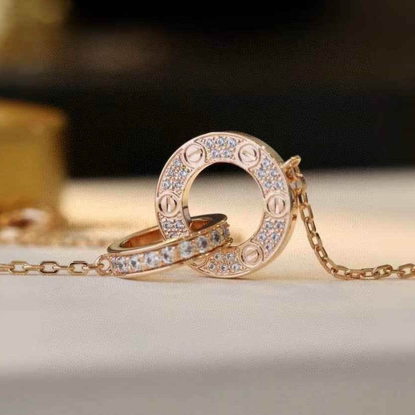 [Dawnora Jewelry]LOVE 7.6MM NECKLACE ROSE GOLD AND SILVER  FULL DIAMOND