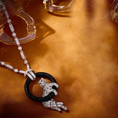 [Dawnora Jewelry jewelrys]NEW BLACK CIRCLE PANTHER FULL DIAMOND NECKLACE